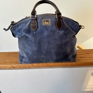 Dooney & Bourke Blue Suede Satchel with Dark Brown Handles